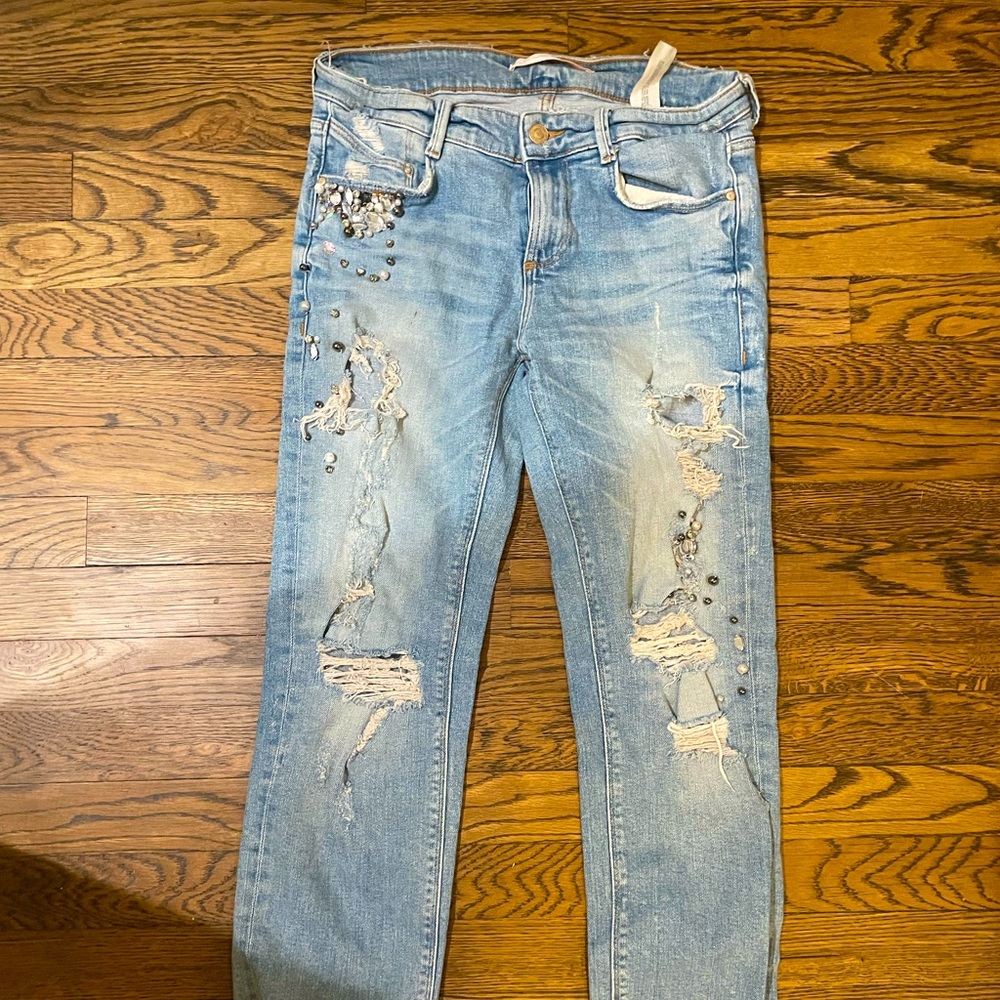 Zara size 4 denim jeans pearls rhinestones encrusted